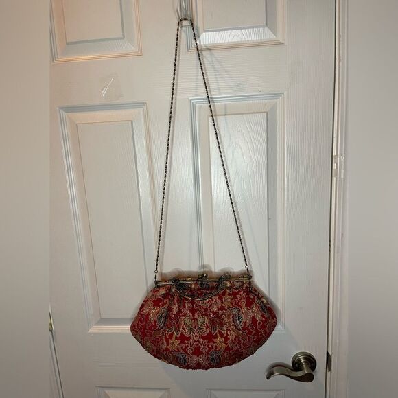 Braciano hand Bag Brass frame &Handle Kiss Lock Red & gold fabric beaded accent - Picture 3 of 9